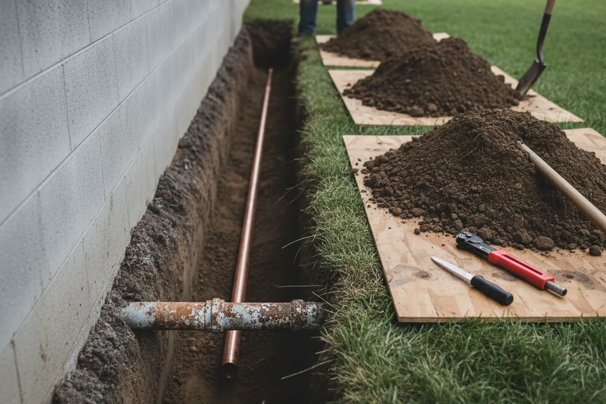Excavated water line trench during Water Softener Installation in Fort Calhoun